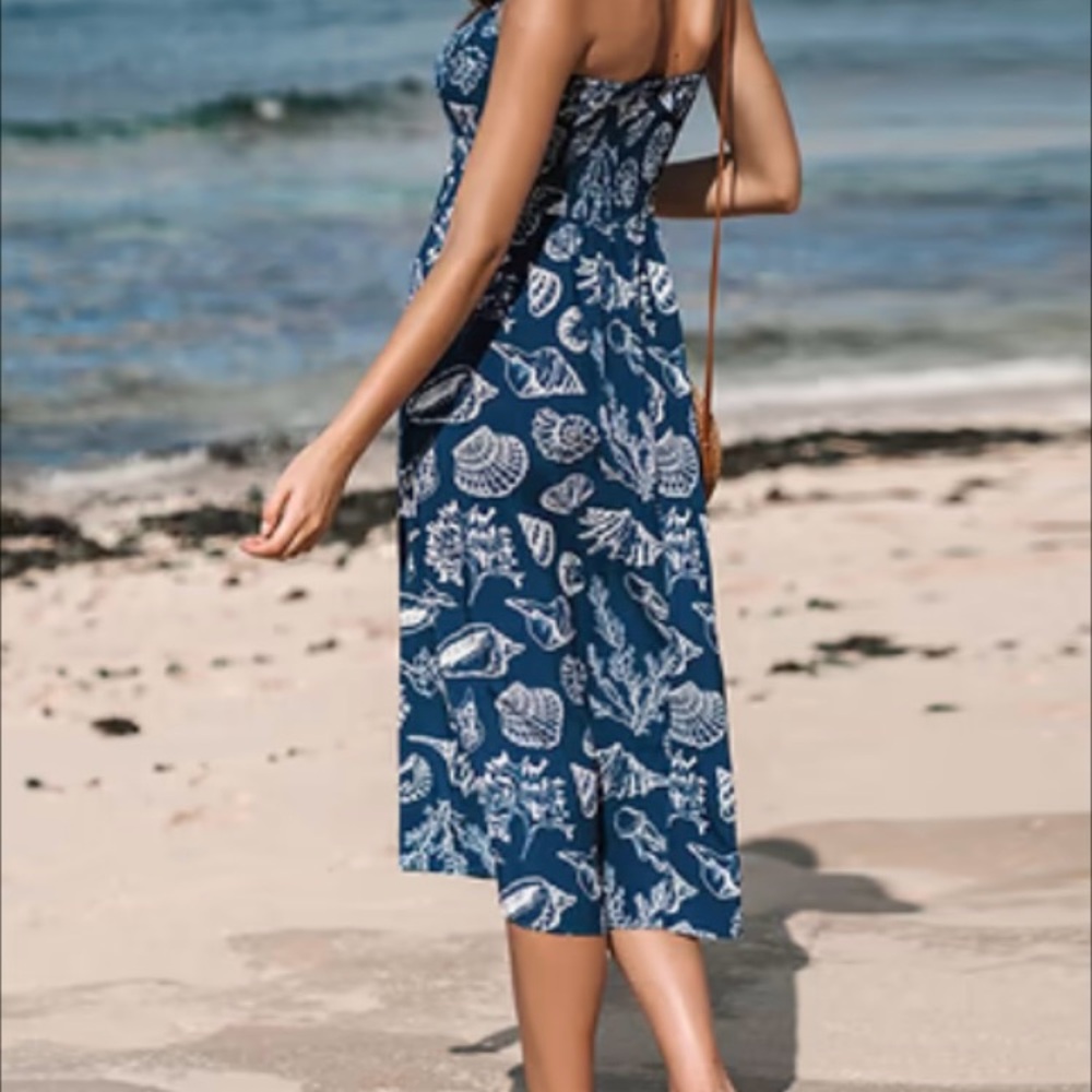 Cupshe Blue Seashell Smocked Bodice Midi Tube Dress. Summer Dress, Ocean - Picture 2 of 4